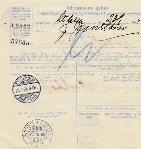 Schweden: Paketkarte 1904 Linköping nach Stockholm