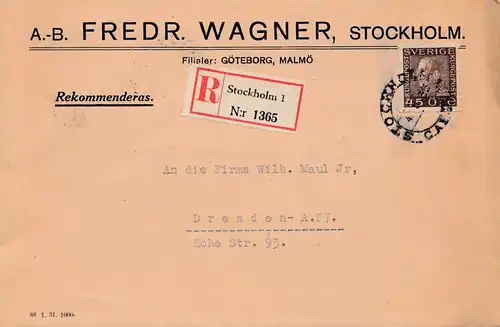 Schweden: 1932: Einschreiben von Stockholm nach Dresden