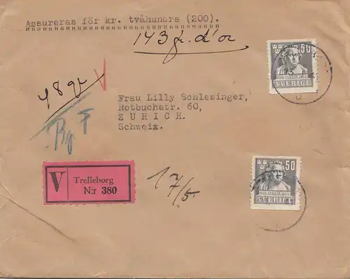 Schweden: 1941: Wertbrief Trelleborg nach Zürich