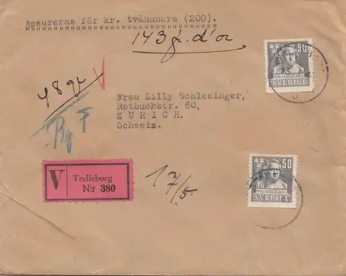 Suède: 1941: Lettre de valeur Trelleborg vers Zurich