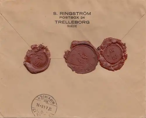 Suède: 1941: Lettre de valeur Trelleborg vers Zurich