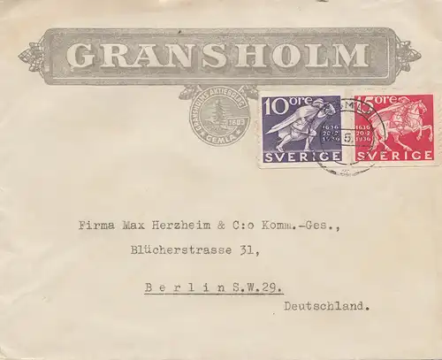 Suède: 1936: Gransholm Gemla vers Berlin