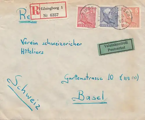 Suède: 1950: lettre recommandée Hälsingborg à Bâle, contrôle des changes