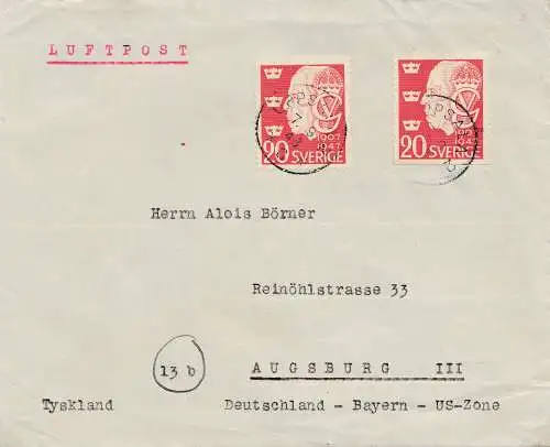 Schweden: 1948: Luftpost Uppsala nach Augsburg