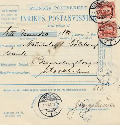 Schweden: 1904: Paketkarte Linköping nach Stockholm