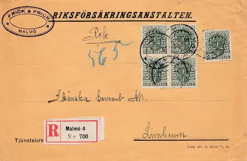 Schweden: 1918: Einschreiben Malmö nach Limhamn