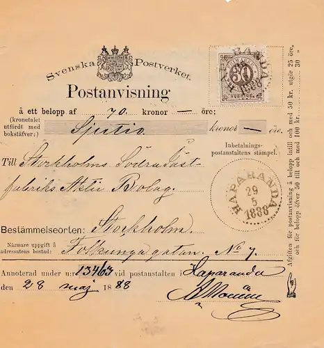 Schweden: 1888 Postanvisning Haparanda nach Stockholm