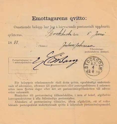 Suède: 1888 Postanvisning Haparanda à Stockholm