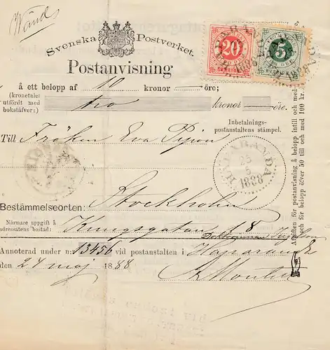 Schweden: 1888: Postanvising Haparanda nach Stockholm