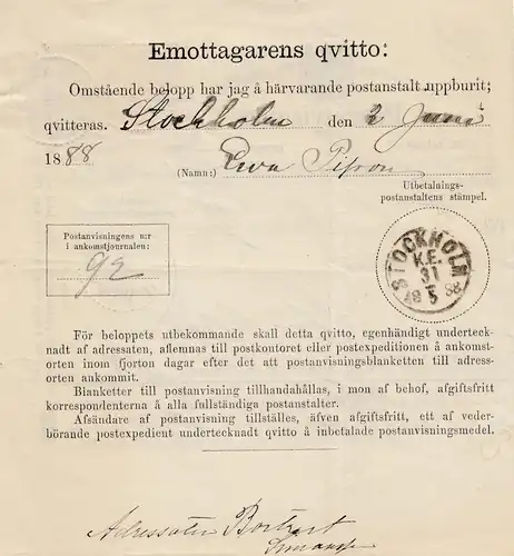 Suède: 1888: Postanvising Haparanda à Stockholm