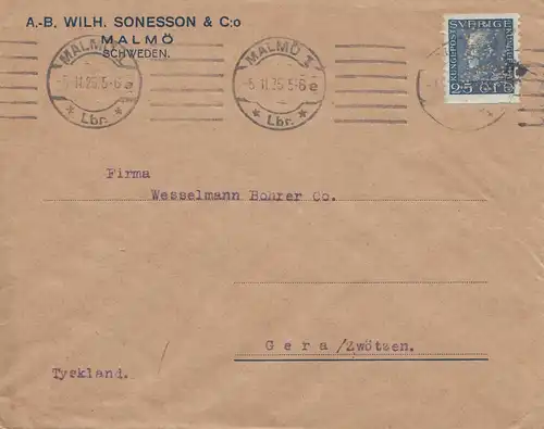 Schweden: 1925: Brief von Malmö nach Gera, Perfin