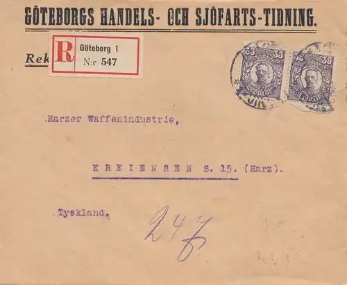 Schweden: 1921: Einschreiben Göteborg nach Kreiensen