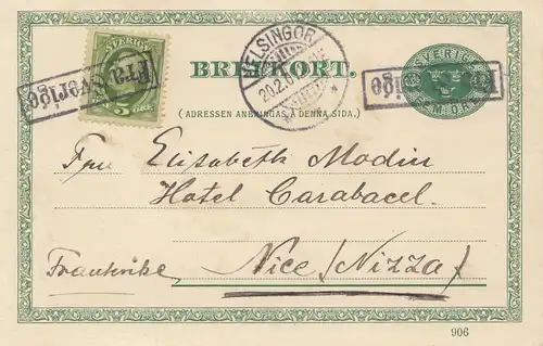 Suède: 1907: entier Helsingor après Nice