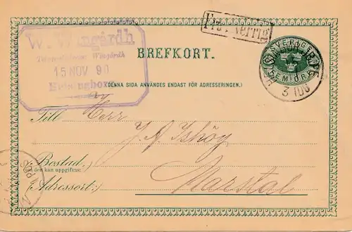 Schweden: 1890: Ganzsache Helsingborg nach Marstal