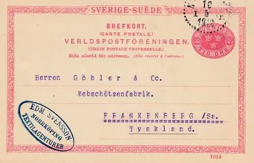 Schweden: 1912: Brefkort Norrköping nach Frankenberg