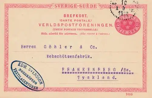 Suède: 1912: Brefkort Norrköping à Frankenberg