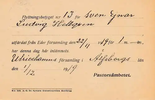 Schweden: 1919: Tjänstebrevkort Ulricelanns