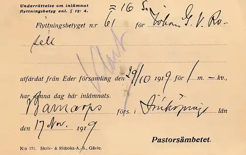 Schweden: 1919: Flyttningsbetyget