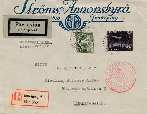 Suède: 1931: Aéroport recommandé Jönköping à Berlin