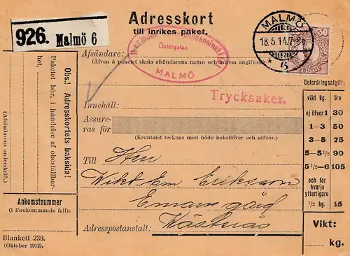 Schweden: 1914: Adresskort Malmö 