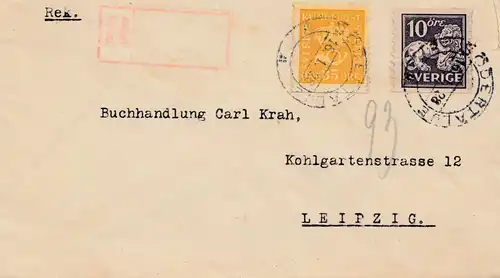 Schweden: 1928: Södeftalje nach Leipzig, Einschreiben