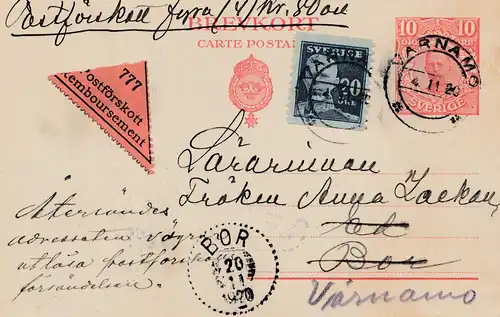 Schweden: 1920: Ganzsache Nachnahme