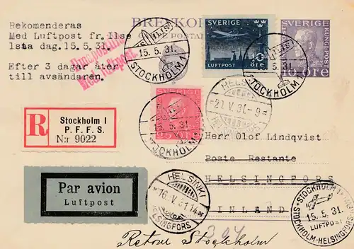 Suède: 1931: Lettre recommandé Stockholm comme Lufptost à Helsinki