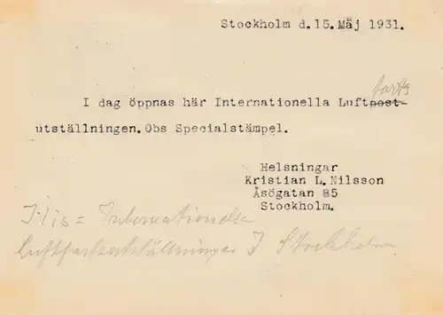 Schweden: 1931: Einschreiben Stockholm als Lufptost nach Helsinki