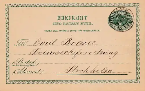 Suède: 1898: entier à l'intérieur de Stockholm, avec carte de réponse