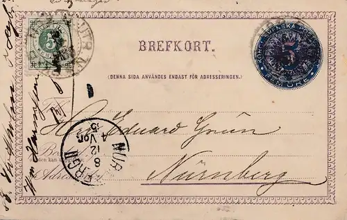 Suède: 1885: entier après Nuremberg