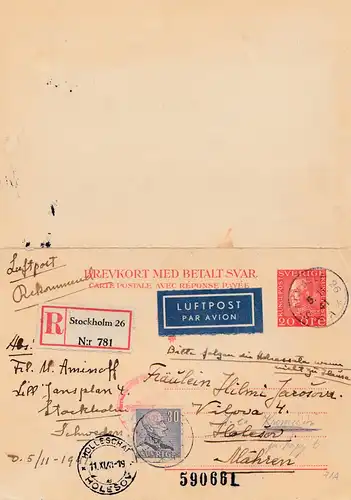 Suède: 1941: lettre recommandée de Ganszache, poste aérien Stockholm après Moravie, Réponse