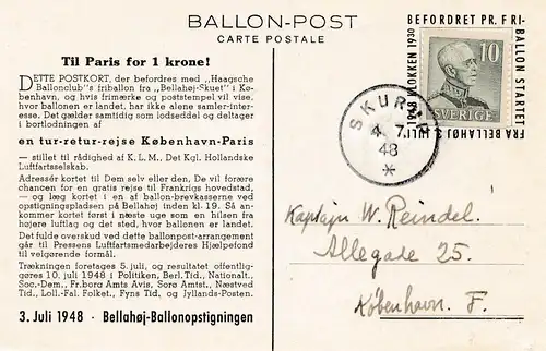 Schweden: 1948: Skurup Ballonpost nach Kopenhagen
