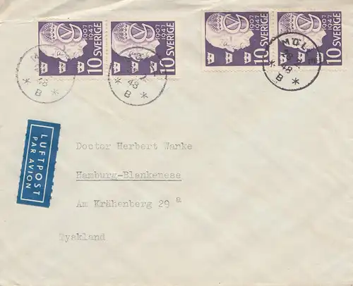 Suède: 1948: Lettre postale aérienne de Mölle à Hambourg