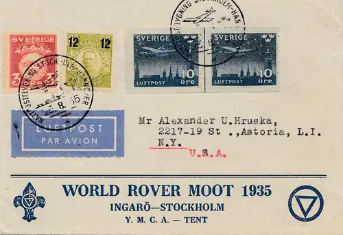 Suède: 1935: Lufpost Ingarö-Stockholm vers les États-Unis, raquette de gymnastique