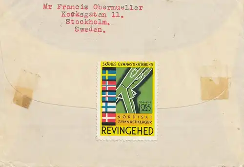 Suède: 1935: Lufpost Ingarö-Stockholm vers les États-Unis, raquette de gymnastique