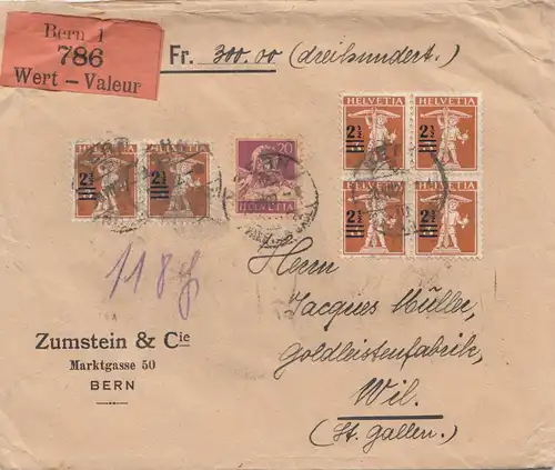 Suisse: 1922: Lettre de valeur de Berne à Wil