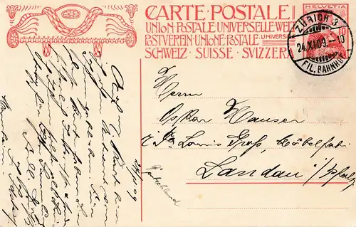 Schweiz: 1909 Ganzsache von Zürich nach Landau