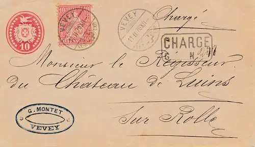 Schweiz: 1876: Ganzsache Vevey nach Folle