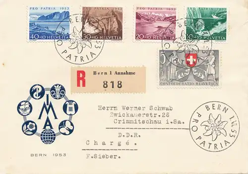 Schweiz: 1953: Einschreiben Bern pro Patria FDC