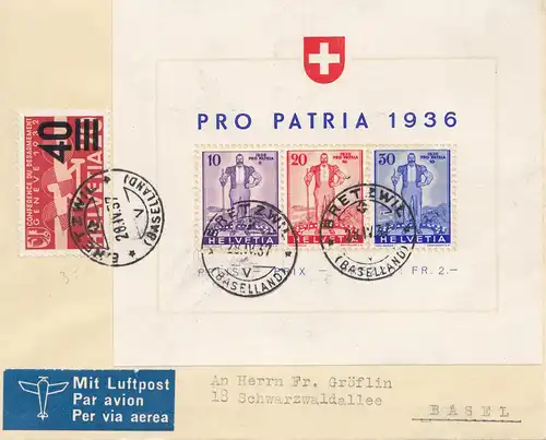 Suisse: 1936: Pro Patria Bretewil vers Bâle, bloc 2