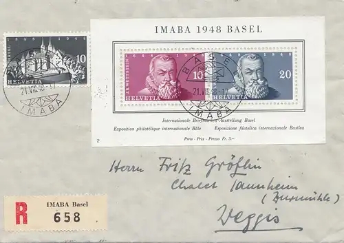 Schweiz: 1948: Imaba 1948 Basel, als Einschreiben nach Weggis, Block 13