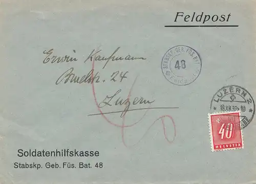 Schweiz: 1939: Feldpost Soldatenhilfskasse nach Luzern