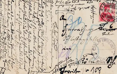 Schweiz: 1914: Ansichtskarte Einsiedeln nach Köln, Nachtaxe
