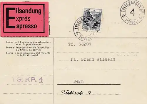 Schweiz: 1940: Eilsendung Telegraphen KP. Feldpost nach Bern