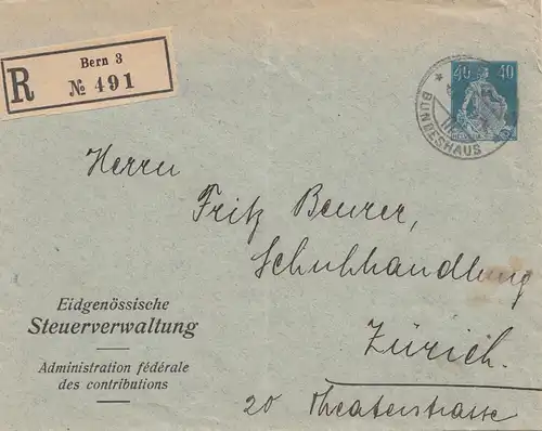 Suisse: 1921: lettre recommandée Administration fiscale de Berne vers Zurich