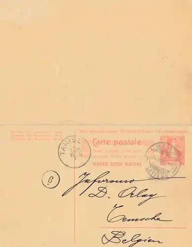 Schweiz: 1903: Ganzsache Lugano nach Tamise/Belgien (Frage/Antwort)