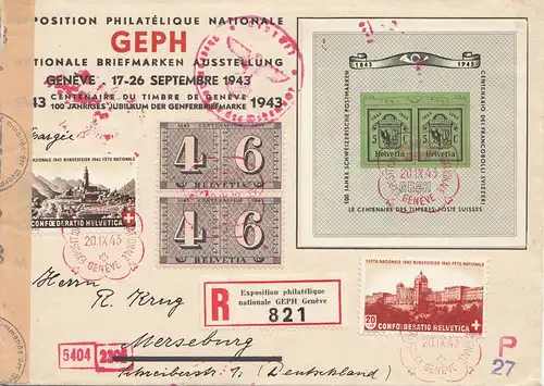 Schweiz: 1943: Internat. Briefmarken Ausstellung als Einschreiben nach Merseburg