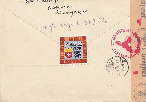 Schweiz: 1943: Internat. Briefmarken Ausstellung als Einschreiben nach Merseburg