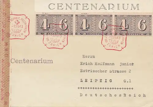 Schweiz: 1943: Zürich Centenarium nach Leipzig, Zensur