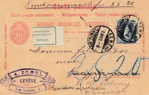 Schweiz:1901 Ganzsache von Genf als Nachnahme Marly le Grand, Annahme verweigert